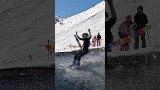 Girls Pond Skim  Water Slide Challenge Grimentz 12 skiing ski switzerland suisse schweiz [upl. by Adeys]