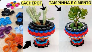 CACHEPOT FEITO COM TAMPINHAS VASO DE CIMENTO E TAMPINHASCACHEPOT MADE WITH TANPINHAS [upl. by Maggio]