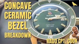 CONCAVE CERAMIC BEZEL watch BREAKDOWN RADO CAPTAIN COOK BRONZE Dive Watch bezel [upl. by Etaner571]