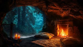 Hidden Cave In Forest On Rainy Night Campfire Rain amp Thunder Sound For Meditation Relaxation [upl. by Hailee]