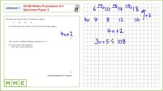 GCSE Maths EDEXCEL Foundation Specimen Paper 2 Q25 Sequences and Nth term [upl. by Kernan]