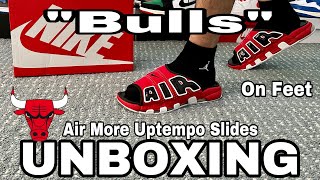 BULLS 2023 UNBOXING AIR MORE UPTEMPO SLIDES  ON FEET [upl. by Cloutman]