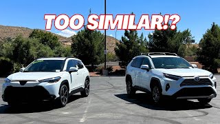 2024 COROLLA CROSS HYBRID vs RAV4 Review and size comparison [upl. by Ahtamat]