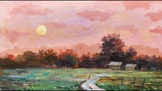 Impressionist Landscape  Easy Acrylic Painting  Sunset Scene [upl. by Arua308]