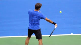 Roger Federer Forehand Slow Motion Court Level View  ATP Modern Tennis Forehand Technique [upl. by Woolley]