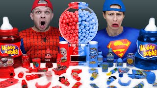 Pinky Food vs Blue RED Food Challenge 블루핑크 푸드 챌린지 주먹밥 교촌 허니콤보 치킨먹방 Mukbang Spiderman amp Captain [upl. by Resneps]