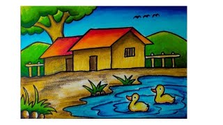 Village Scenery Drawing  Natural Scenery  Hut Drawing  House Drawing  oil pastel landscape [upl. by Heim23]