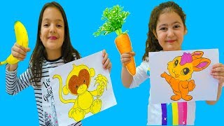 Masal and Öykü with animal pictures painting  Fun Kids Video [upl. by Ashla132]