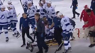 Mikhail Sergachev Stretchered Off Ice After Hit On Lafreniere [upl. by Regdor]