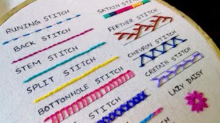 15 Basic Hand Embroidery Stitches Sampler For Absolute Beginners [upl. by Ahsat259]