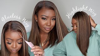 🔥 16quot Sleek Rich Brown Highlight Lace Wig 🍫🤎  100 Glueless Install  ft Myfirstwig [upl. by Dhumma]