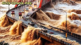 Continuous heavy rain in Sicily Italy state of emergency in Catania floods and landslides [upl. by Siuqaj]