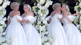 Shop Rebel Wilson amp Ramona Agrumas Stunning OfftheShoulder Wedding Dresses [upl. by Nykal286]