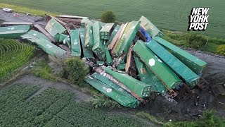 Aftermath of massive freight train derailment in Iowa no injuries reported [upl. by Ellenig91]