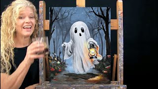 GHOST AND LAMP  Learn How to Draw amp Paint with Acrylics  Easy Fun Halloween Paint and Sip at Home [upl. by Piero60]