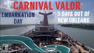 Carnival Valor Day 1 EMBARKATION DAYBoarding Sail Away Party Room Alchemy Bar Dinner Explore [upl. by Noissap]