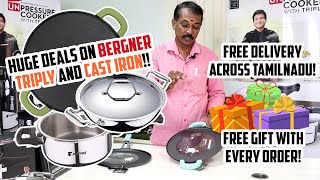 HUGE SALE on Bergner ARGENT Triply Stainless Steel COOKER KADAI and Bergner CAST IRON TAWA [upl. by Dudley]