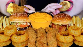 ASMR CHEESY FRIED FOOD FEAST GIANT CRUNCHY ONION RINGS FRIED CHICKEN BACON CHEESEBURGERS FRIES [upl. by Odlaner]