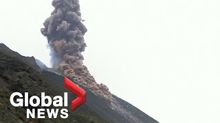 Stromboli volcano erupts in quothighintensityquot explosion spewing lava and ash [upl. by Barnie]