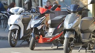 50cc Scooter Review  Peugeot Kisbee v Lexmoto Echo v Honda Vision [upl. by Namwob]