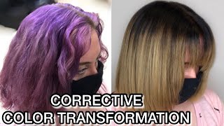 Corrective COLOR TRANSFORMATION going from Purple to Blonde Hair  How to Remove Purple Box Color [upl. by Notyalk348]