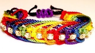 TUTORIAL DIY COMO HACER UNA PULSERA EN ESPIGA CON STRASS CON NUDOS DE MACRAME Y LOS COLORES ARCOIRIS [upl. by Ymrej]