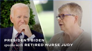 President Biden speaks with Judy a retired nurse about Medicare drug price negotiation [upl. by Llewol]