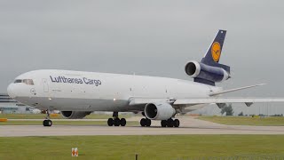 Lufthansa Cargo  MD11F  DALCB  Powerful 23L Takeoff At Manchester Airport  HD [upl. by Adneram]