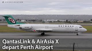 Last Green Tail  QantasLink VHNPU VHNHF and AirAsia X 9MXXI depart Perth Airport [upl. by Iover]