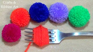 Super Easy Pom Pom Making Ideas with Fork  Hand Embroidery Amazing Trick Easy Woolen Flower Making [upl. by Ahtanoj]