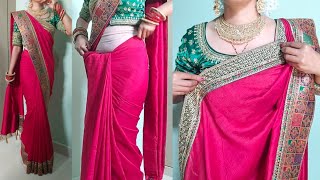 Broad border style saree draping tricks  how to look more slim and tall in saree [upl. by Hornstein]