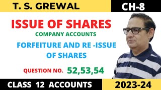 ISSUE OF SHARES COMPANY ACCOUNTS TSGrewal Ch8 Que No525354Forfeiture and Reissue of Shares [upl. by Nohs]