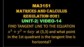 EQUATION OF TANGENT LINE TO A CURVE HORIZONTAL TANGENT MATRICES AND CALCULUS UNIT2 Video14 [upl. by Evie]