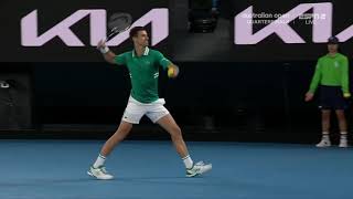 Djokovic screams at his box and nearly hits ball into backboard out of anger  Australian Open 2021 [upl. by Allehcram593]