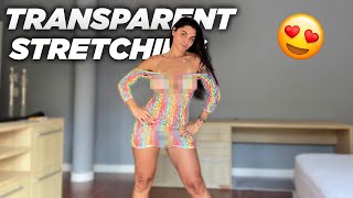 TRANSPARENT STRETCHING ON A RAINBOW DRESS REVIEW AND QUALITY TEST [upl. by Raquel]