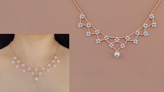 DIY Beaded Lace Necklace with Pearls and Seed Beads How to Make Beaded Jewelry Beading Tutorial [upl. by Ayik]