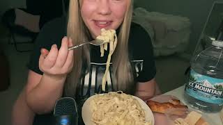 ASMR  Eating Alfredo pasta amp cheese filled breadsticks [upl. by Adelpho733]