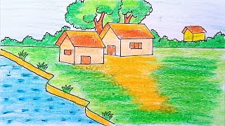 Village Scenery Drawing Tutorial  Scenery Painting Ideas For Beginners [upl. by Any214]