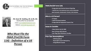 Who Must File the FBAR Definition of a US Person for FinCEN Form 114 Golding amp Golding [upl. by Colson]