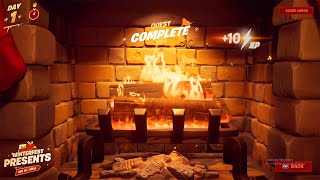 Warm yourself at the Yule log in the Cozy lodge  Fortnite Winterfest 2021 Challenges [upl. by Prichard]