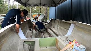 17ft Fiberglass Boat Rebuild Cabin to Centre Console Episode 3 Glassing in stringers [upl. by Eifos]