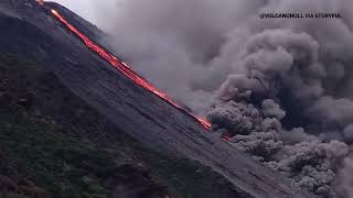 Italys Stromboli volcano erupts lava flows down into sea [upl. by Gnot]