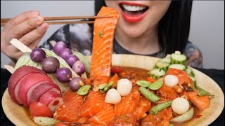 SUPER THICK CHUNKY RAW SPICY SALMON THAI STYLE ASMR EATING SOUNDS LIGHT WHISPERS  SASASMR [upl. by Blatt620]