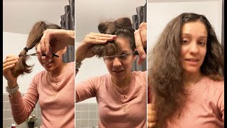 Quick amp Easy Long Layered amp Bangs Haircut Tutorial at Home  Long Haircut for Curly Hair [upl. by Yl]