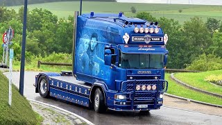 Truckshow Ciney 2024 Part 2 with Van Herk Scania V8 open pipes sound and  custom semi Trucks [upl. by Nylegna]