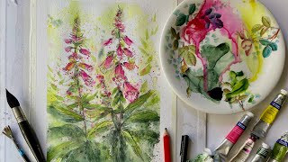 Paint Loose Watercolor WILD FLOWERS FOXGLOVES Beginners Watercolour Landscape PAINTING DEMO Tutorial [upl. by Porter]