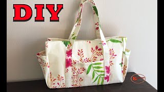 DIY FLORAL PRINT CANVAS TOTE BAG WITH EXPAND SIDE POCKETS TUTORIAL [upl. by Publus]