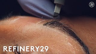 Microblading Permanent Eyebrow Tattoo Up Close  Macro Beauty  Refinery29 [upl. by Adrea]