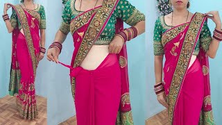 very heavy stone work border style saree draping  how to wear wedding style saree draping [upl. by Ellehcen]