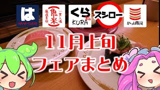 【回転寿司】11月上旬、スシロー、はま寿司、くら寿司、かっぱ寿司、魚べい、フェアメニューまとめ 【ずんだもん】 [upl. by Nosreme]